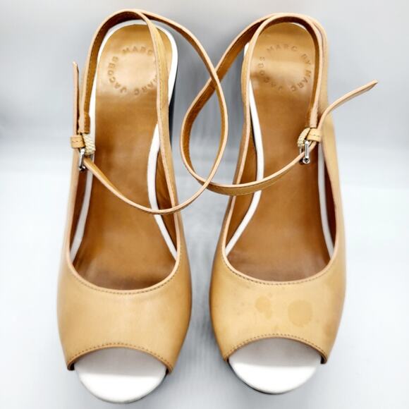 Marc by Marc Jacobs Tan Beige Leather Ankle Strap Wedge Sandals Women's Size 8 - Picture 4 of 11